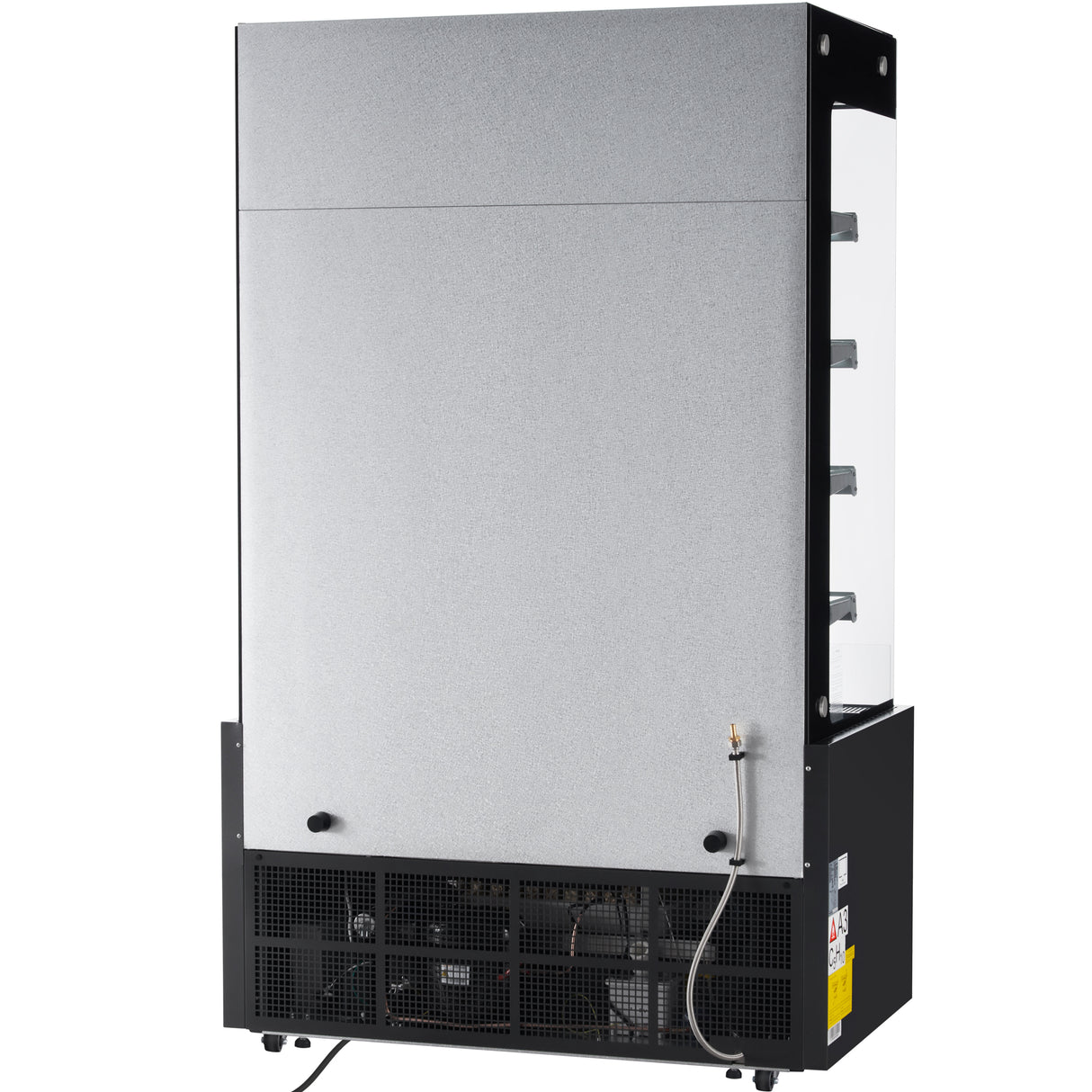 A large Empura refrigeration ice machine with a metallic silver front, black side panels, visible vents, and cooling components at the base. An external water hose is attached to the lower right, with indicator stickers on the black section.
