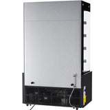 A large Empura refrigeration ice machine with a metallic silver front, black side panels, visible vents, and cooling components at the base. An external water hose is attached to the lower right, with indicator stickers on the black section.