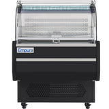 A black and silver Empura refrigeration display case on wheels features a curved glass front, interior lighting, and left-side logo. The refrigerated display case sits empty, with a visible ventilation grate at the bottom front.