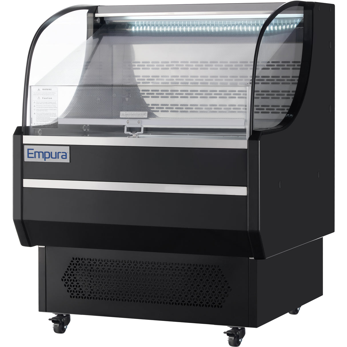 The Empura refrigeration display case features a curved glass front, black exterior, and LED lighting. This refrigerated display case sits on caster wheels for easy mobility and is perfect for showcasing food items in any open air merchandiser setting.