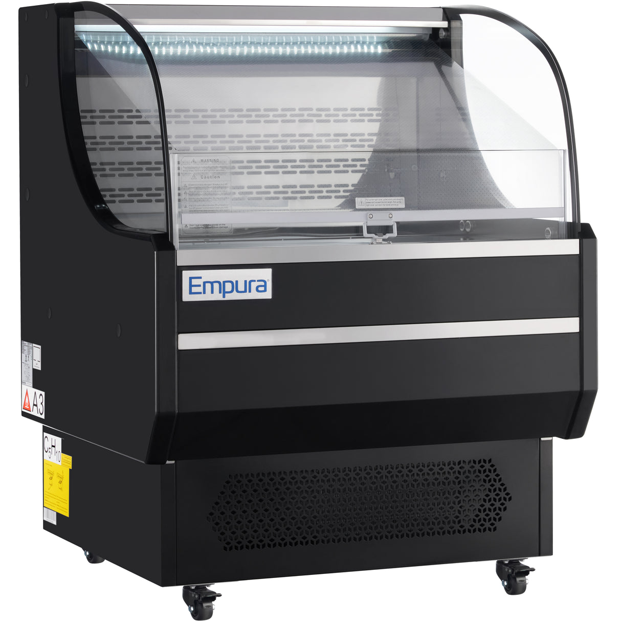 A black Empura refrigeration display with curved glass front and lit interior. This refrigerated display case has metal shelves, bottom vents, and wheels for mobility—ideal for showcasing chilled food or drinks in a store or cafe.