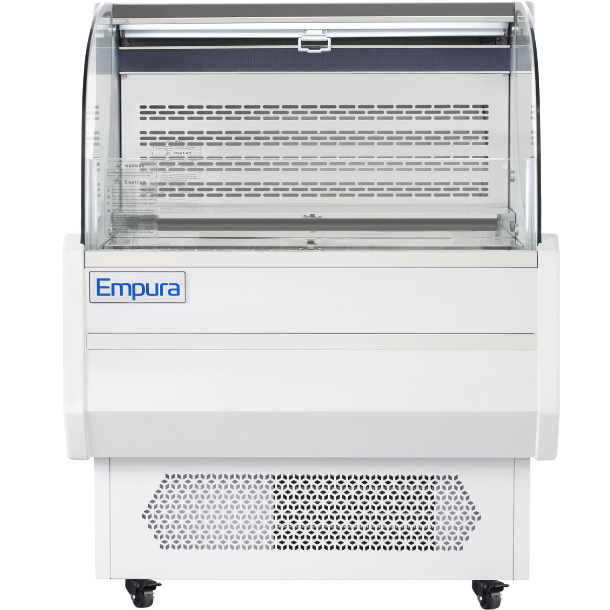 The Empura Refrigeration Open Air Merchandiser features a glass front, curved top, and 7.5 cu. ft. capacity. This white display case includes a vented panel at the bottom and metal shelves for showcasing chilled products.