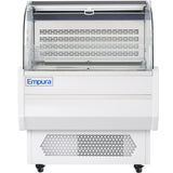 The Empura Refrigeration Open Air Merchandiser features a glass front, curved top, and 7.5 cu. ft. capacity. This white display case includes a vented panel at the bottom and metal shelves for showcasing chilled products.