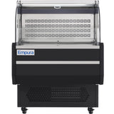 A commercial Empura refrigeration open air merchandiser with a curved transparent glass front, black exterior, silver trim, ventilation grilles at the bottom, and an Empura logo on the left side. The empty case features interior shelving.