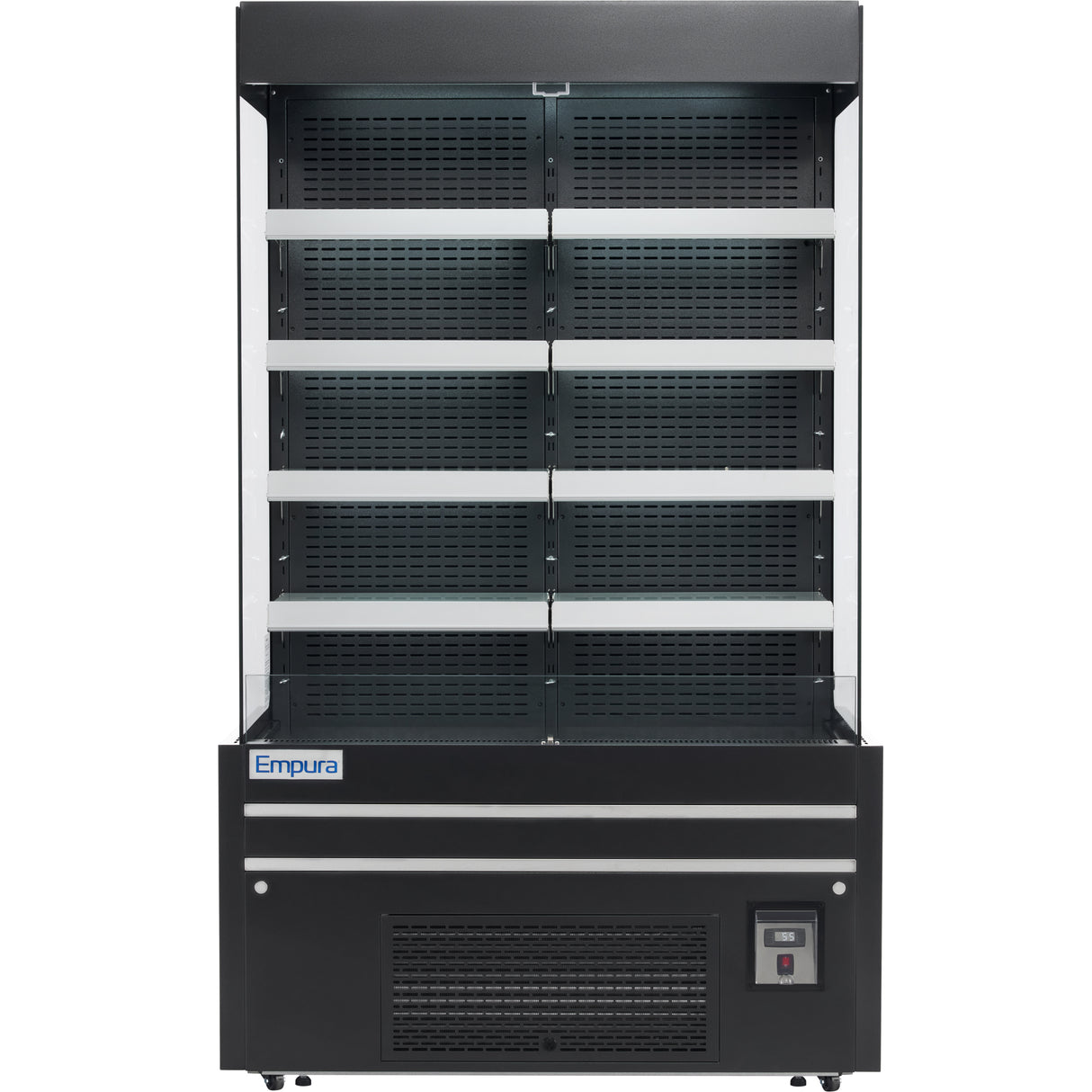 A front view of an empty, black Empura Refrigeration display refrigerator with four adjustable shelves, labeled Empura at the bottom left. This refrigerated display case features a digital control panel and a vented base against a plain background.