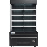 A front view of an empty, black Empura Refrigeration display refrigerator with four adjustable shelves, labeled Empura at the bottom left. This refrigerated display case features a digital control panel and a vented base against a plain background.