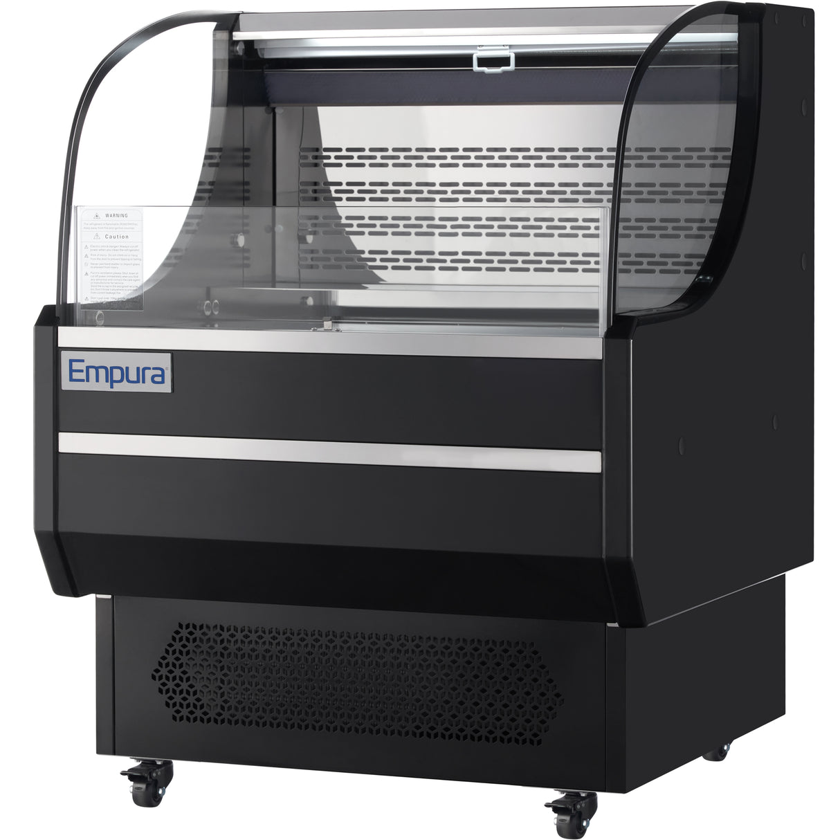 A black Empura refrigeration open air merchandiser on wheels with curved glass front, metallic accents, and a vented lower section. The case is empty, showing interior shelves and a ticket or instruction sheet on the left.