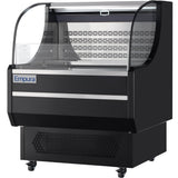 A black Empura refrigeration open air merchandiser on wheels with curved glass front, metallic accents, and a vented lower section. The case is empty, showing interior shelves and a ticket or instruction sheet on the left.
