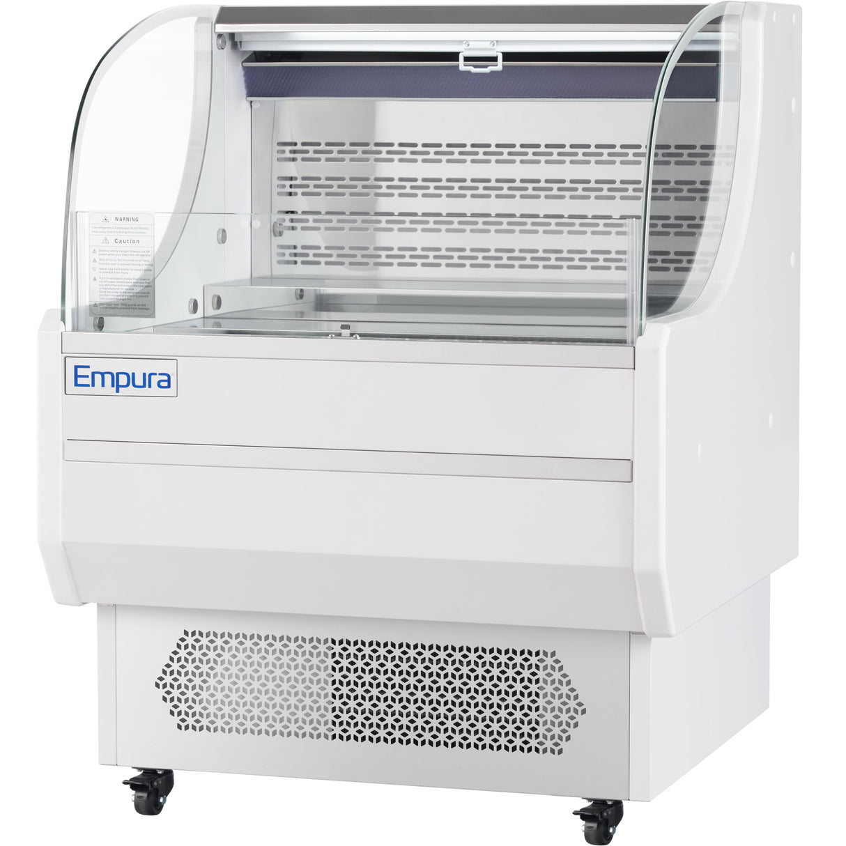 A 7.5 cu. ft. white commercial display freezer with curved glass sides and front, ventilation grilles at the bottom, and Empura Refrigeration branding. The interior Open Air Merchandiser features a metal shelf, perforated back panel, and wheels for mobility.