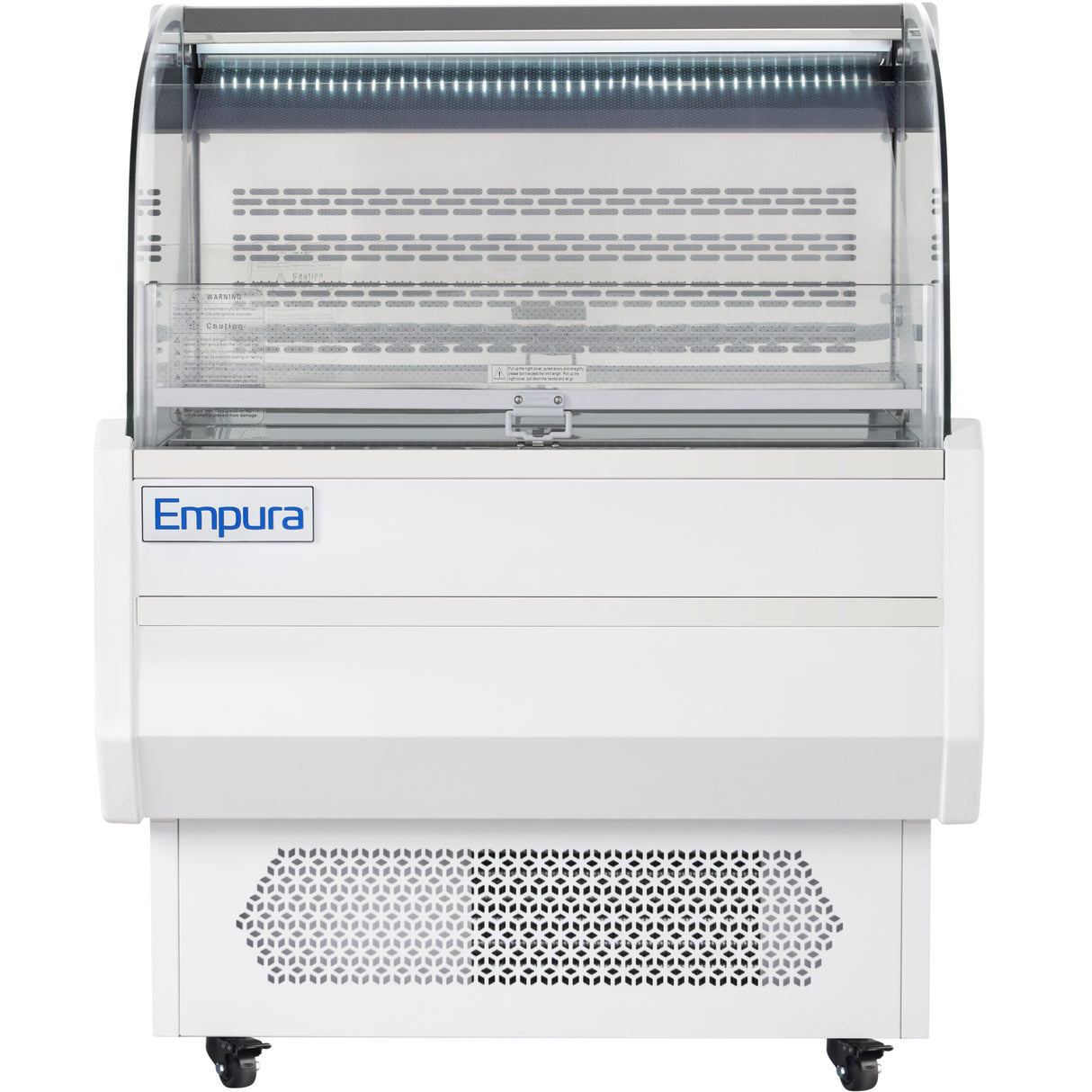 A 7.5 cu. ft. Empura Refrigeration open air merchandiser with a curved glass front, white body, and bottom ventilation grill. Features interior shelves for chilled products, an Empura logo on the side, and wheels for easy mobility.