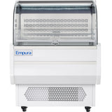 A 7.5 cu. ft. Empura Refrigeration open air merchandiser with a curved glass front, white body, and bottom ventilation grill. Features interior shelves for chilled products, an Empura logo on the side, and wheels for easy mobility.