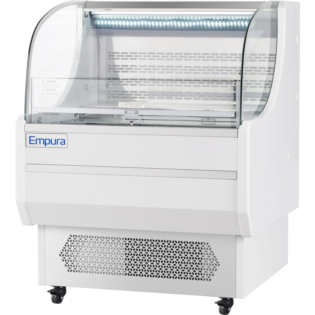 A commercial 7.5 cu. ft. refrigerated display case from Empura Refrigeration features a curved glass front, white exterior, vented lower section, interior shelves, LED lighting, and caster wheels—ideal as an open air merchandiser for any retail setting.