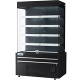 A commercial black and glass open-air merchandiser with four white shelves, digital temperature display on the bottom right, vent grilles below, and Empura refrigeration branding. This refrigerated display case is empty and stands alone.