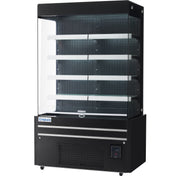 A commercial black and glass open-air merchandiser with four white shelves, digital temperature display on the bottom right, vent grilles below, and Empura refrigeration branding. This refrigerated display case is empty and stands alone.