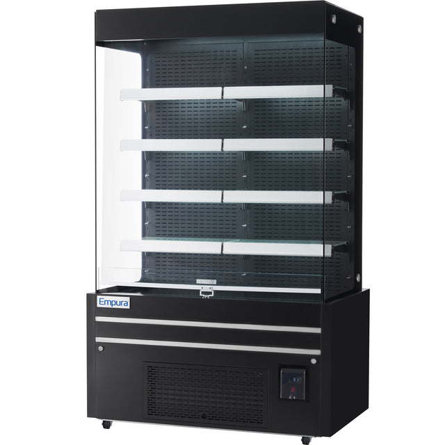 A commercial black and glass open-air merchandiser with four white shelves, digital temperature display on the bottom right, vent grilles below, and Empura refrigeration branding. This refrigerated display case is empty and stands alone.