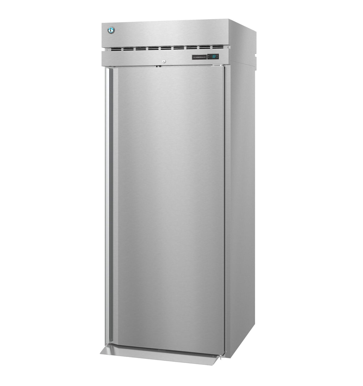 A tall, stainless steel Steelheart Series Refrigerator with a single door, vented top panel, digital display, and right-side handle. The sleek commercial refrigerator features a small logo near the vent and stands on a flat base.