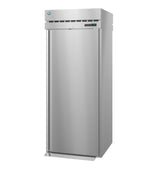 A tall, stainless steel Steelheart Series Refrigerator with a single door, vented top panel, digital display, and right-side handle. The sleek commercial refrigerator features a small logo near the vent and stands on a flat base.