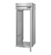 A tall, stainless steel Steelheart Series Refrigerator stands with its door open, revealing a spacious, empty interior and adjustable shelving slots. The unit features a digital control panel above the door and a vented panel for optimal air circulation at the top.