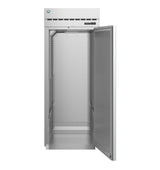 A tall, silver commercial refrigerator with its single door open reveals an empty, stainless steel interior. Vented panel and digital controls top the Steelheart Series Refrigerator, while rail guides line the sides but no shelves are installed.