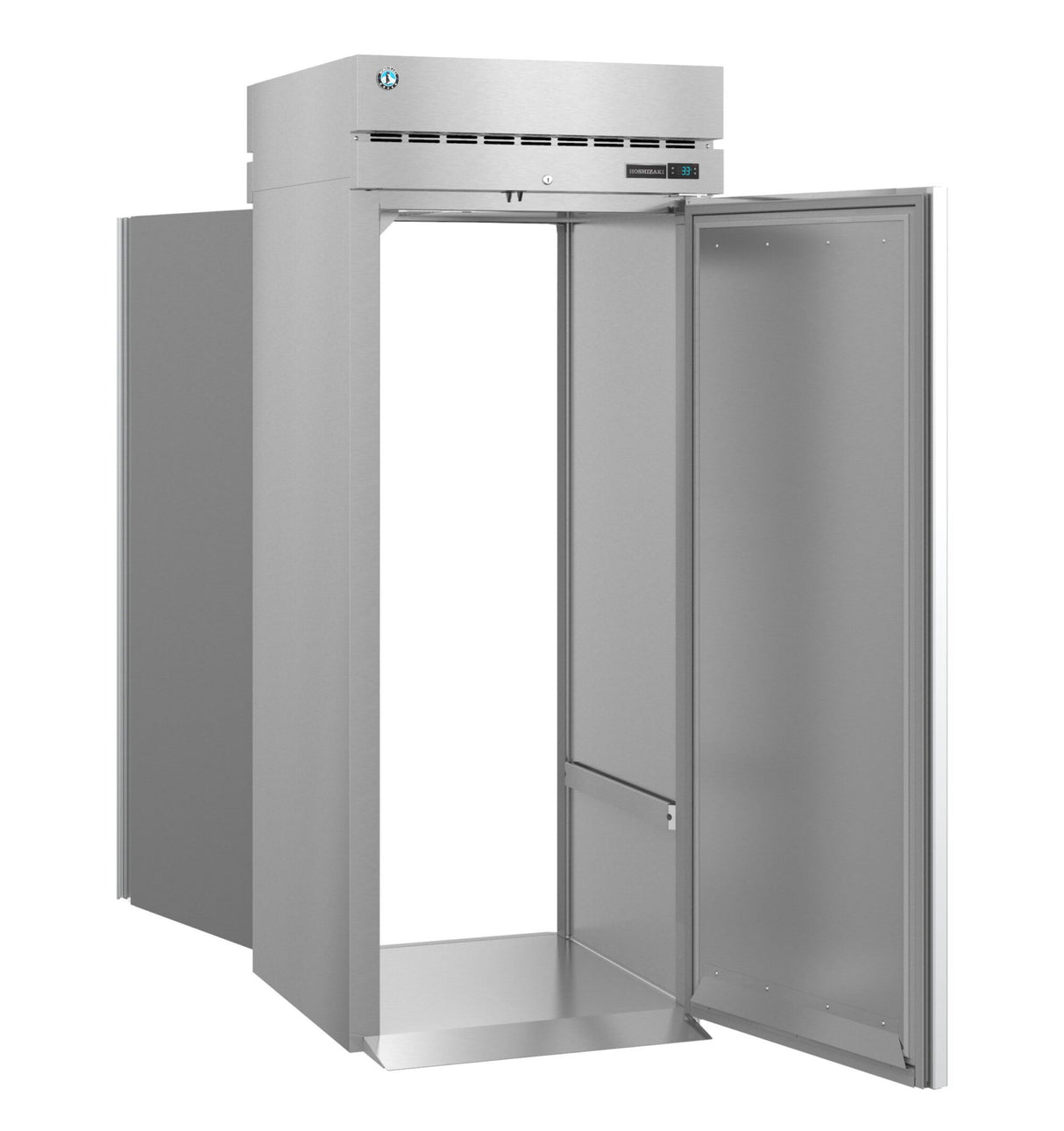 A tall, stainless steel Steelheart Series Refrigerator stands with both doors open, revealing an empty, clean interior. The commercial refrigerator features a digital control panel above the door and top vents for airflow in its sleek, modern design.