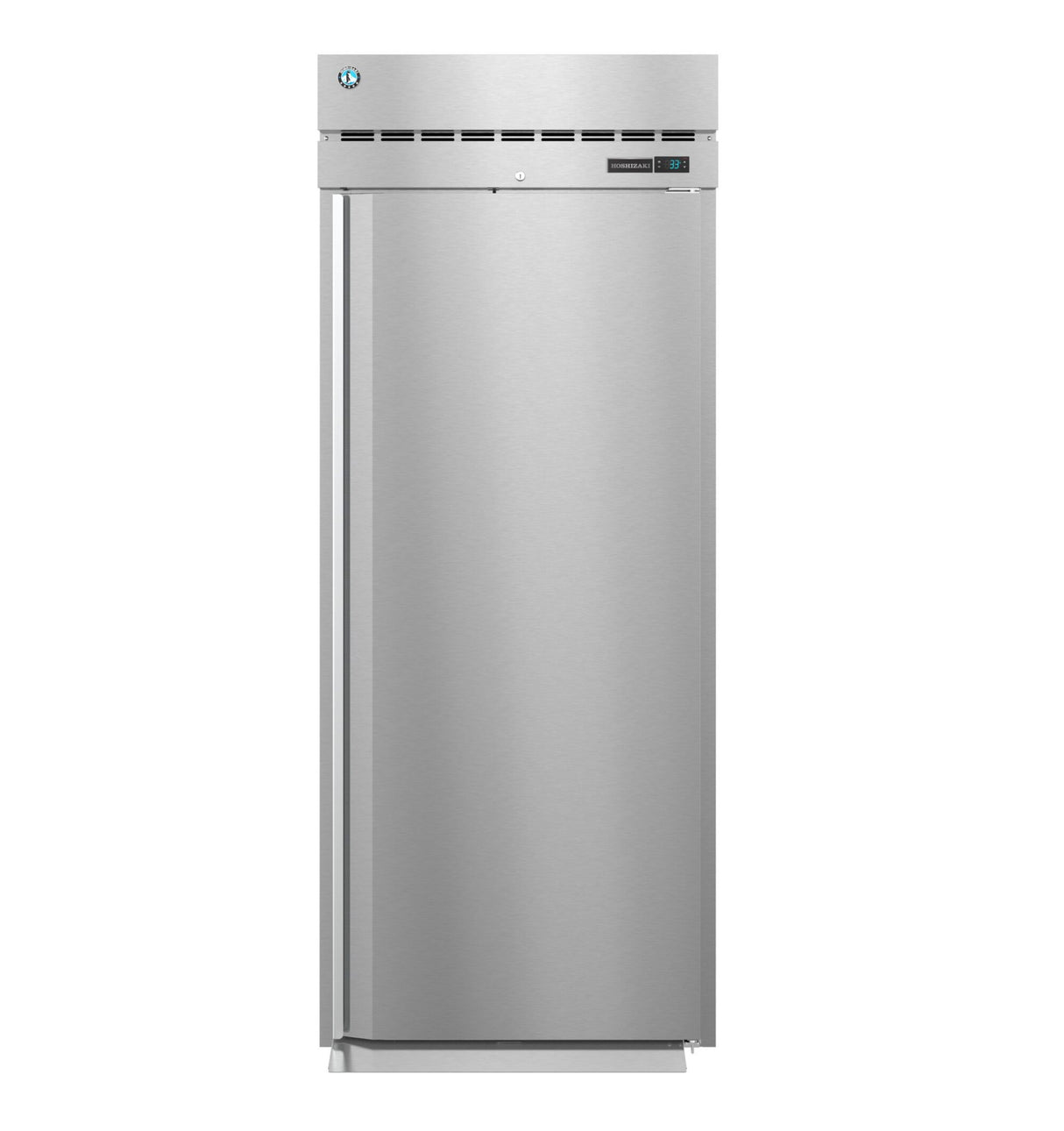 A tall, single-door Steelheart Series Refrigerator features a vent at the top and a small digital display with control panel on the upper right. Its sleek, modern design showcases a smooth metallic surface and clean, straight edges.
