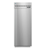 A tall, single-door Steelheart Series Refrigerator features a vent at the top and a small digital display with control panel on the upper right. Its sleek, modern design showcases a smooth metallic surface and clean, straight edges.