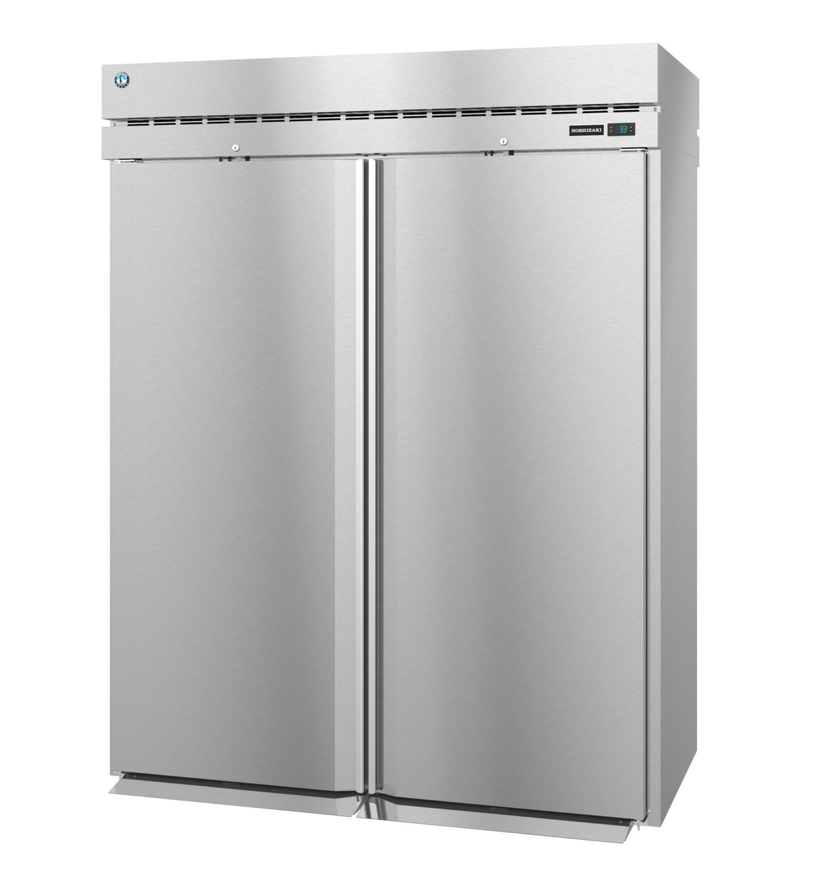 A large, industrial Steelheart Series Refrigerator with double doors and a digital display on the upper right front. This sleek, modern commercial refrigerator features visible handles, ventilation slots at the top, and stands against a white background.