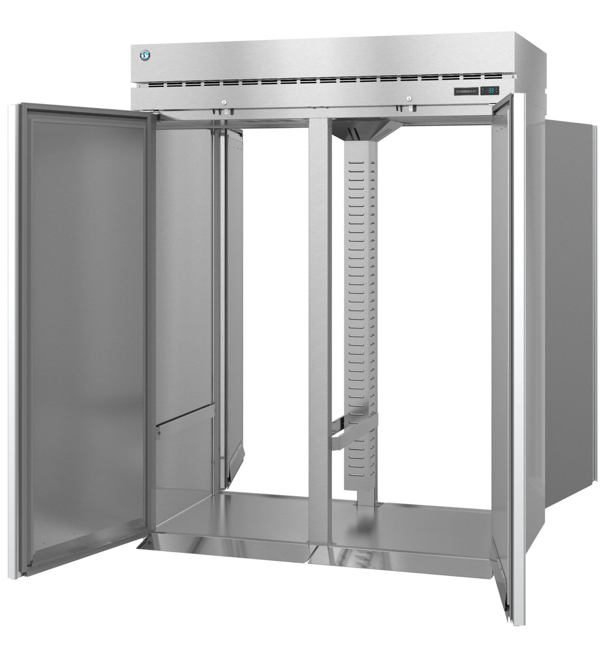 A large Steelheart Series commercial refrigerator with double doors open reveals a spacious, empty interior with adjustable shelving slots, a digital control panel on the upper right, and a vented top section. The surfaces are clean and reflective.