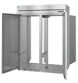A large Steelheart Series commercial refrigerator with double doors open reveals a spacious, empty interior with adjustable shelving slots, a digital control panel on the upper right, and a vented top section. The surfaces are clean and reflective.