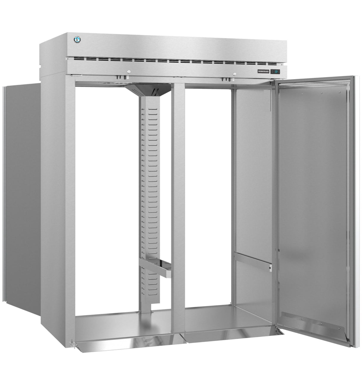 A large Steelheart Series Refrigerator stands with one open door, revealing empty interior shelving supports and a clean, reflective metal interior. This roll-thru refrigerator features a vented panel at the top and a sleek, modern commercial appearance.