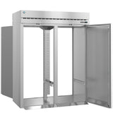 A large Steelheart Series Refrigerator stands with one open door, revealing empty interior shelving supports and a clean, reflective metal interior. This roll-thru refrigerator features a vented panel at the top and a sleek, modern commercial appearance.
