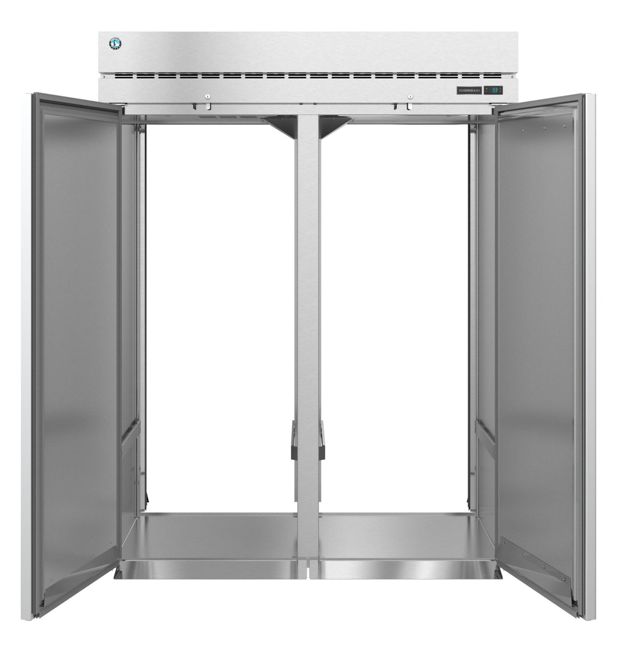 A large, empty Steelheart Series Refrigerator with double doors wide open, revealing a spotless, reflective interior and a top-mounted control panel. This commercial refrigerator is designed for demanding industrial kitchen use.