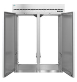 A large, empty Steelheart Series Refrigerator with double doors wide open, revealing a spotless, reflective interior and a top-mounted control panel. This commercial refrigerator is designed for demanding industrial kitchen use.