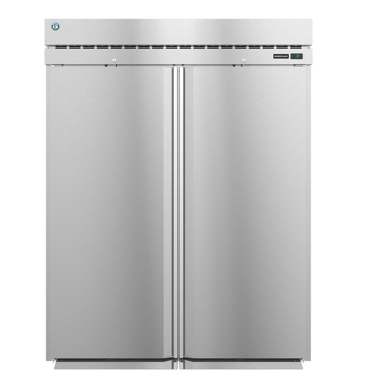 A large Steelheart Series Refrigerator stands upright, featuring a smooth, metallic stainless steel surface. Vents and a digital temperature display grace the upper front panel, while flush handles accent the closed double doors.