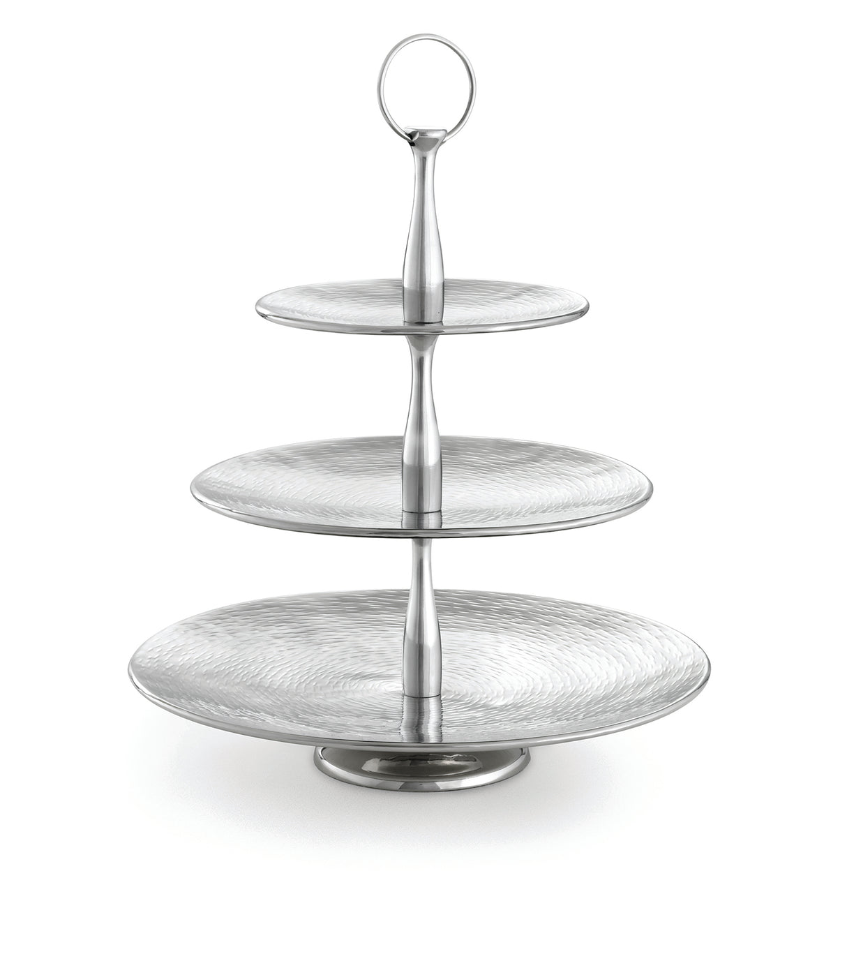 A three-tiered silver serving stand from the Remington Collection Serving Set features round, textured plates that decrease in size upward. The central column has a handle for easy carrying, and the background is plain white.