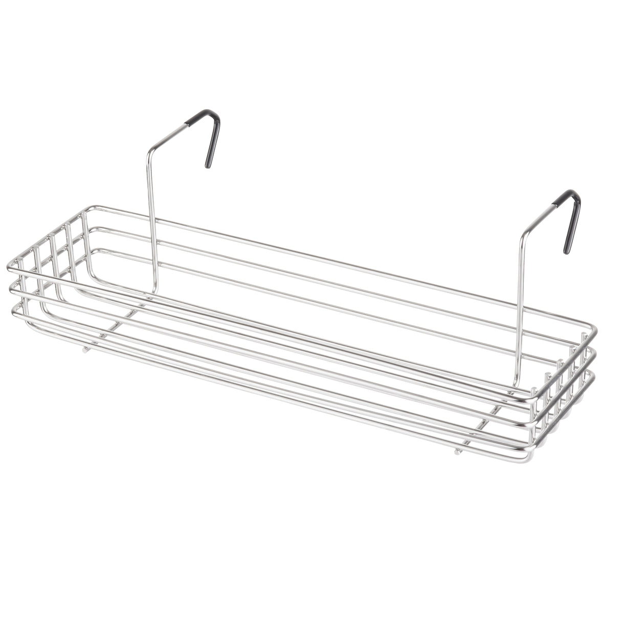 A rectangular stainless steel wire basket with two hooks designed to hang over a surface, such as a cabinet door. This rack has three horizontal wire rails on each side and an open structure, offering visible storage and easy access to items.