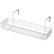 A rectangular stainless steel wire basket with two hooks designed to hang over a surface, such as a cabinet door. This rack has three horizontal wire rails on each side and an open structure, offering visible storage and easy access to items.