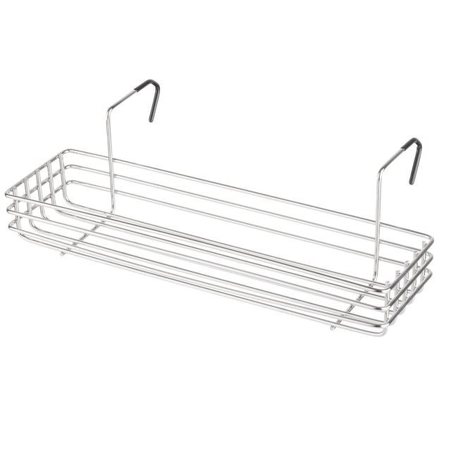 A rectangular stainless steel wire basket with two hooks designed to hang over a surface, such as a cabinet door. This rack has three horizontal wire rails on each side and an open structure, offering visible storage and easy access to items.