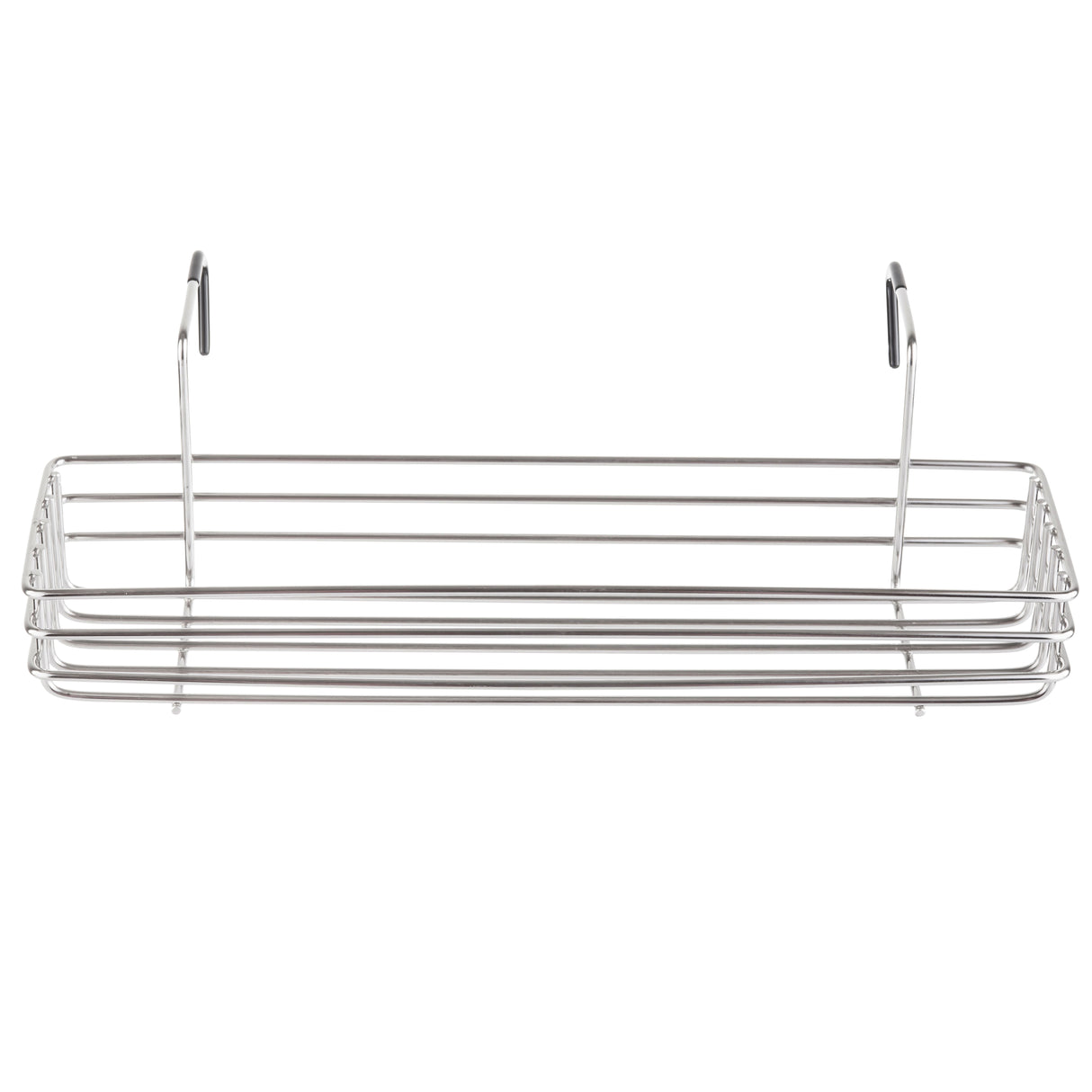 A rectangular stainless steel shower caddy rack with two hooks for hanging. The minimalist design features parallel horizontal bars forming the base and sides, with hooks curving upward for easy attachment to a shower or over a door.