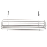 A rectangular stainless steel shower caddy rack with two hooks for hanging. The minimalist design features parallel horizontal bars forming the base and sides, with hooks curving upward for easy attachment to a shower or over a door.