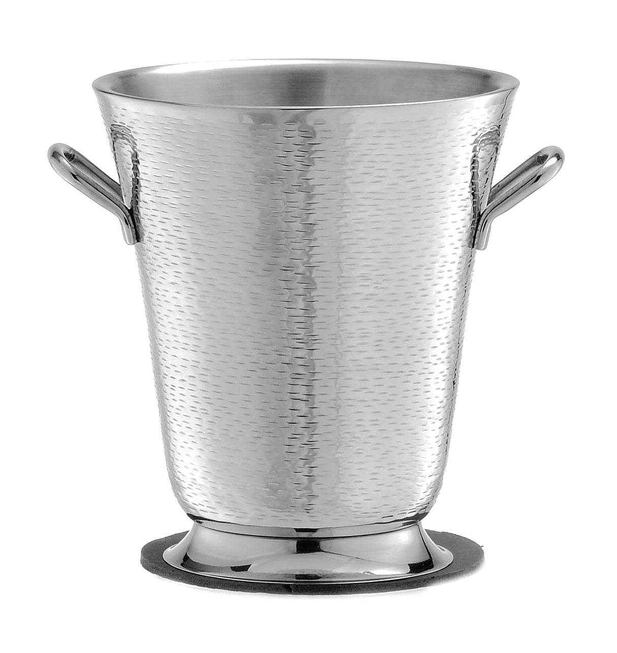 A shiny, hammered stainless steel bucket with rounded handles sits on a circular base. Part of the Remington Collection Bucket line, it features a textured, reflective finish and is dishwasher safe for easy cleaning.