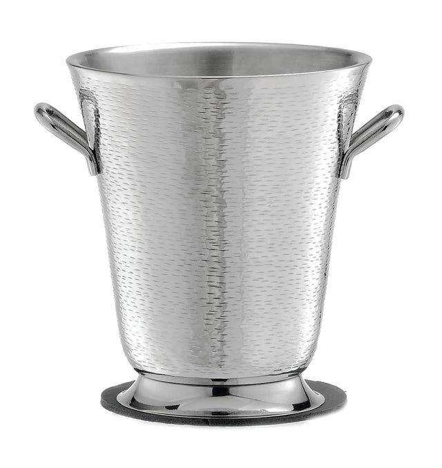 A shiny, hammered stainless steel bucket with rounded handles sits on a circular base. Part of the Remington Collection Bucket line, it features a textured, reflective finish and is dishwasher safe for easy cleaning.