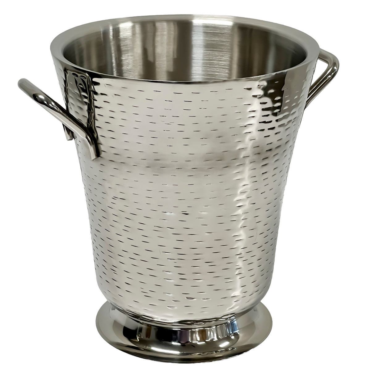 A shiny, silver Remington Collection stainless steel bucket with a hammered texture, two side handles, and a flared top sits on a round base. Its polished surface reflects light elegantly against the plain white background. Dishwasher safe for easy care.