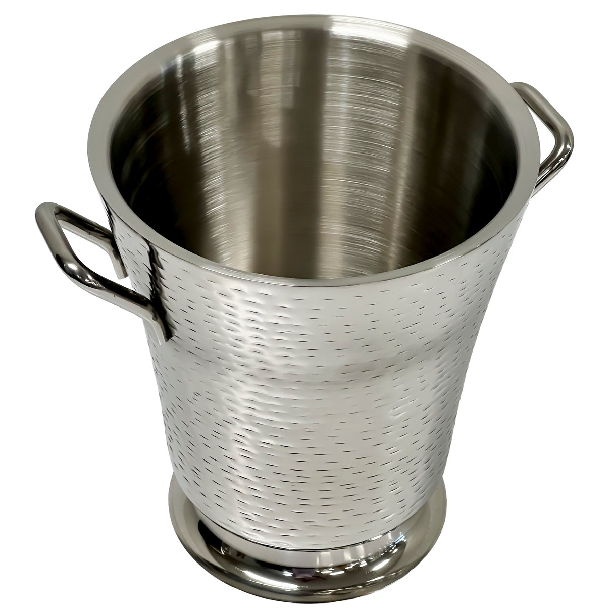 A silver, textured Remington Collection Bucket with two side handles and a flared rim, viewed from above on a plain white background. The inside is smooth and reflective, while the stainless steel bucket exterior features a subtle dotted pattern.