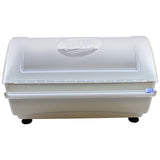 A translucent, rectangular Rapid Wrap Film Dispenser with a curved lid and the TableCraft logo on top. The box has a frosted appearance, rounded corners, four small black feet, and a blue latch on the right side of the lid.