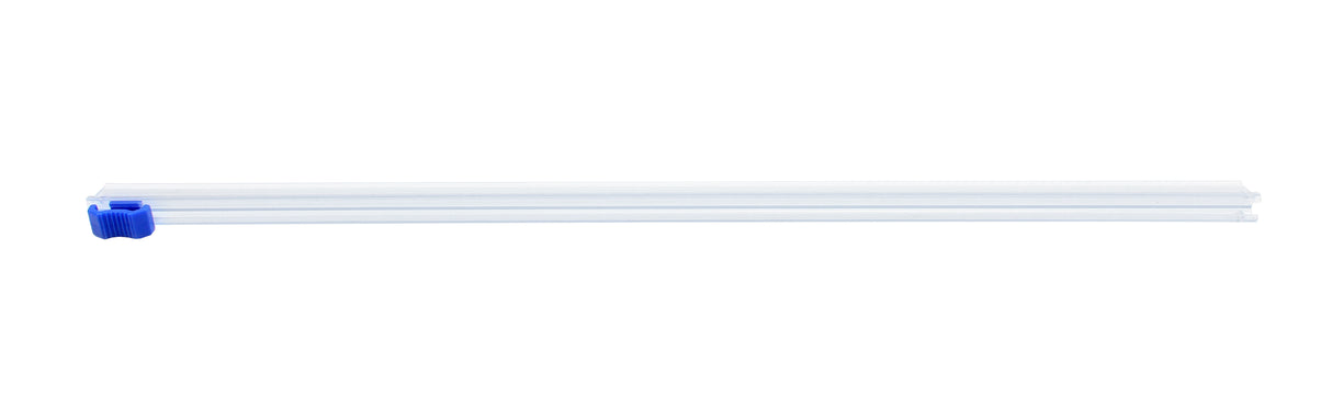 A clear plastic sealing rod with a small blue clip on one end, designed as a replacement slide cutter for film dispensers. Placed horizontally against a white background, it keeps bags sealed and contents fresh.