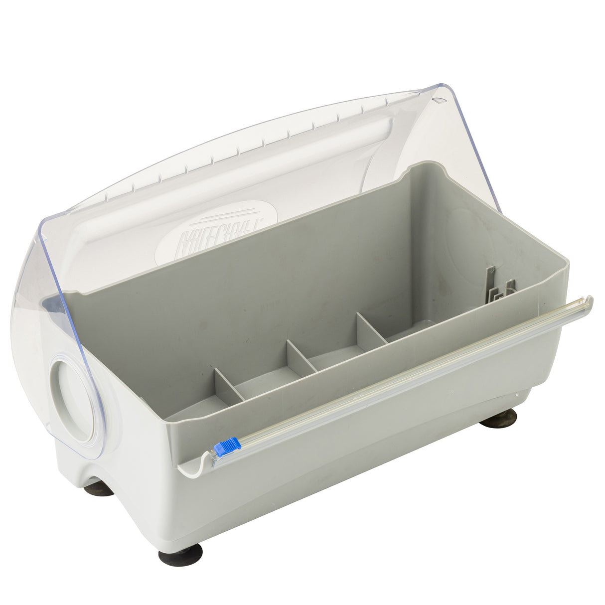 A rectangular, light gray plastic container with a clear hinged lid, side opening, and four inner compartments. Featuring a blue latch and black rubber feet, this Rapid Wrap Film Dispenser is designed for organizing small items. The lid is slightly propped open.