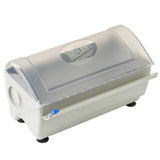 A tabletop bread dough kneader with a translucent domed lid, white plastic base, and small black feet. Inspired by Rapid Wrap Film Dispenser design, it features a round side opening and blue clip securing the lid’s front edge.