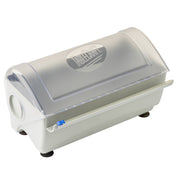 A tabletop bread dough kneader with a translucent domed lid, white plastic base, and small black feet. Inspired by Rapid Wrap Film Dispenser design, it features a round side opening and blue clip securing the lid’s front edge.