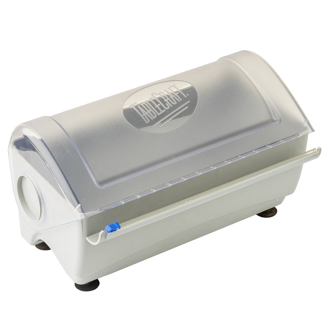 A tabletop bread dough kneader with a translucent domed lid, white plastic base, and small black feet. Inspired by Rapid Wrap Film Dispenser design, it features a round side opening and blue clip securing the lid’s front edge.